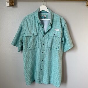 Magellan Outdoors Men L Aransas Pass Aqua Mini Check Short Sleeve Shirt Stains